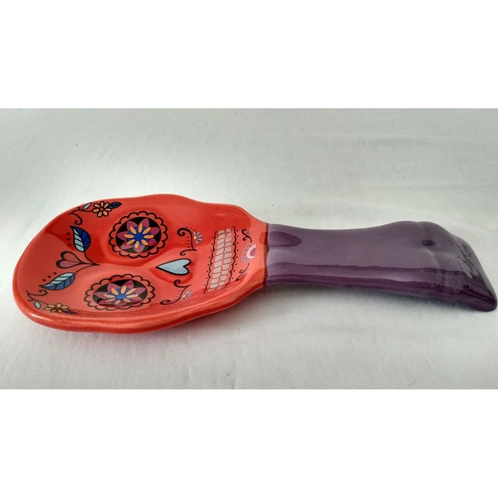 Sugar Skull Spoon Rest Halloween Decor Red & Purple Dia de Los Muertos Kitchen
